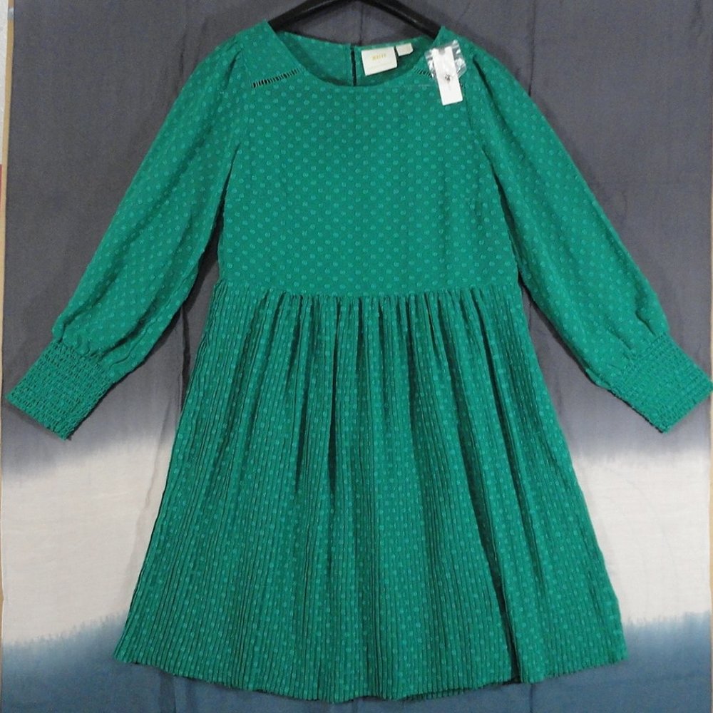 Anthropologie Maeve Swiss Dot Dress Green Pleated